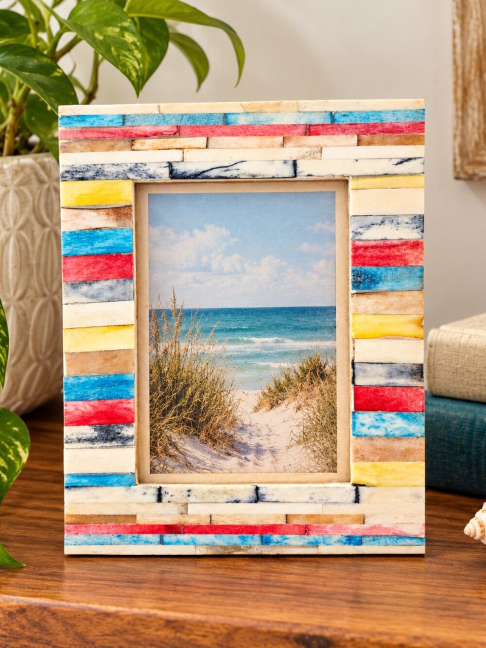 Mosaic Buffalo Bone Inlay Photo Frame, Rainbow Striped